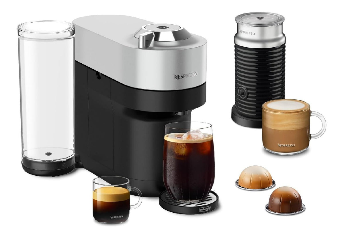 Sistema per preparazione caffe Nespresso Vertuo Pop+ Deluxe De'Longhi Aeroccino, Argento argento